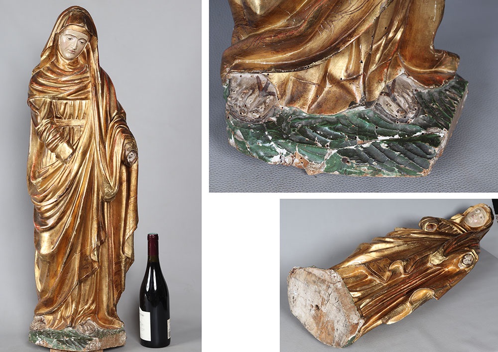 Large 18th Century Virgin, 90 Cm, Gilded Wood Sculpture With Gold Leaf-photo-4