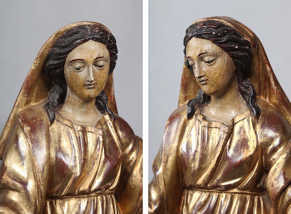 Large 18th-century Virgin Mary, 67 Cm, Sculpture In Gilded Wood With Gold Leaf And Polychrome-photo-2