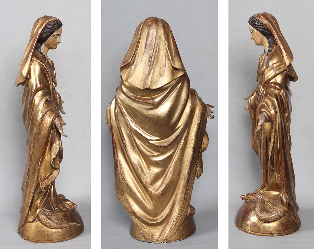 Large 18th-century Virgin Mary, 67 Cm, Sculpture In Gilded Wood With Gold Leaf And Polychrome-photo-4