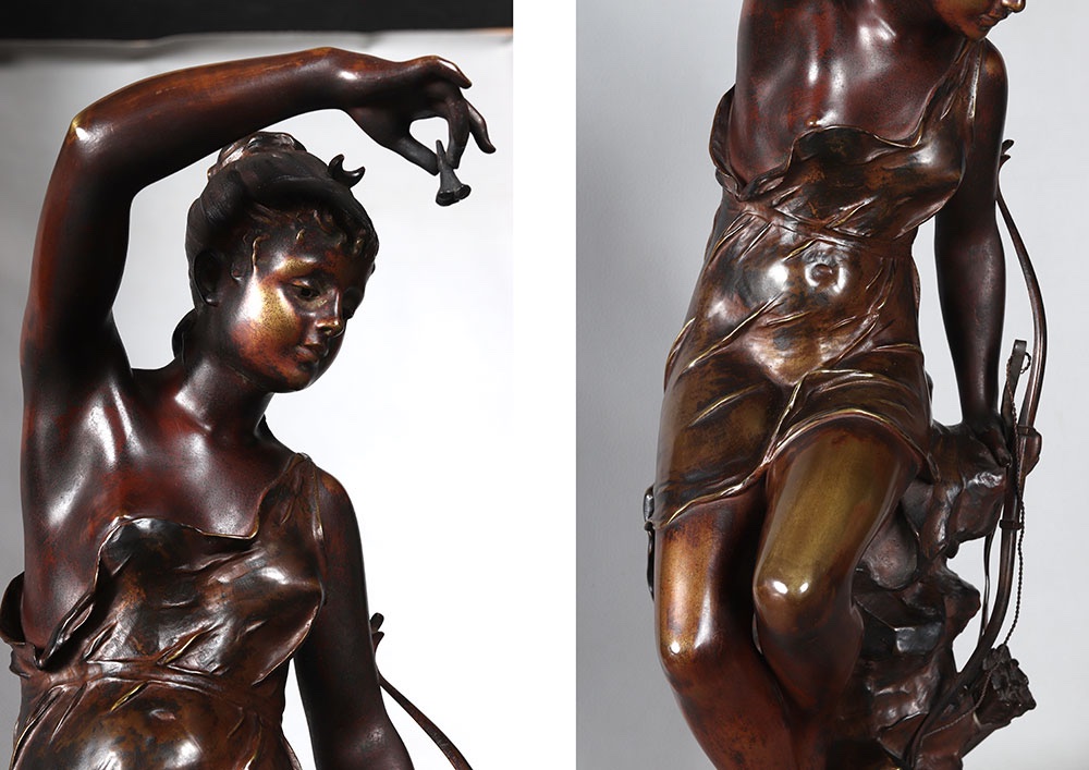 19th-century Bronze, 66 Cm, Lucienne Signoret Ledieu, Diana The Huntress At The Spring   -photo-3