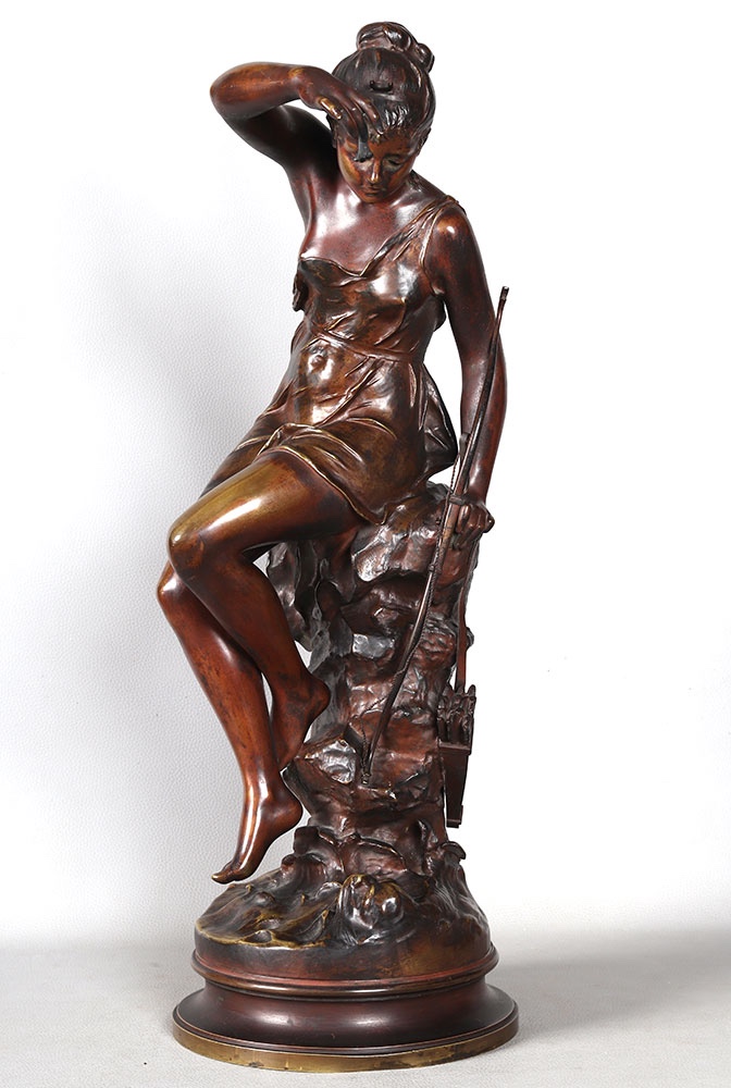19th-century Bronze, 66 Cm, Lucienne Signoret Ledieu, Diana The Huntress At The Spring   