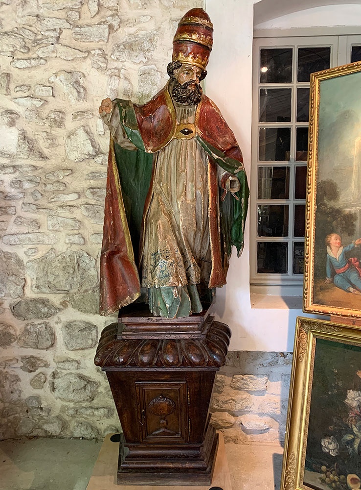 17th-century Sculpture, 195cm, Of Pope Saint Sixtus Ii, In Polychrome Wood, With Glass Eyes 