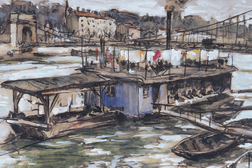 Gouache début XX ème siècle, 58 cm, Le bateau lavoir, signé-photo-2
