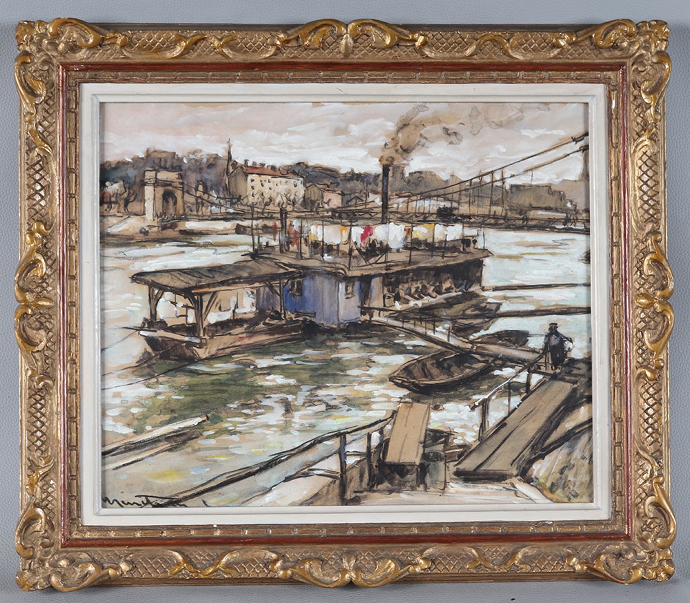 Gouache début XX ème siècle, 58 cm, Le bateau lavoir, signé