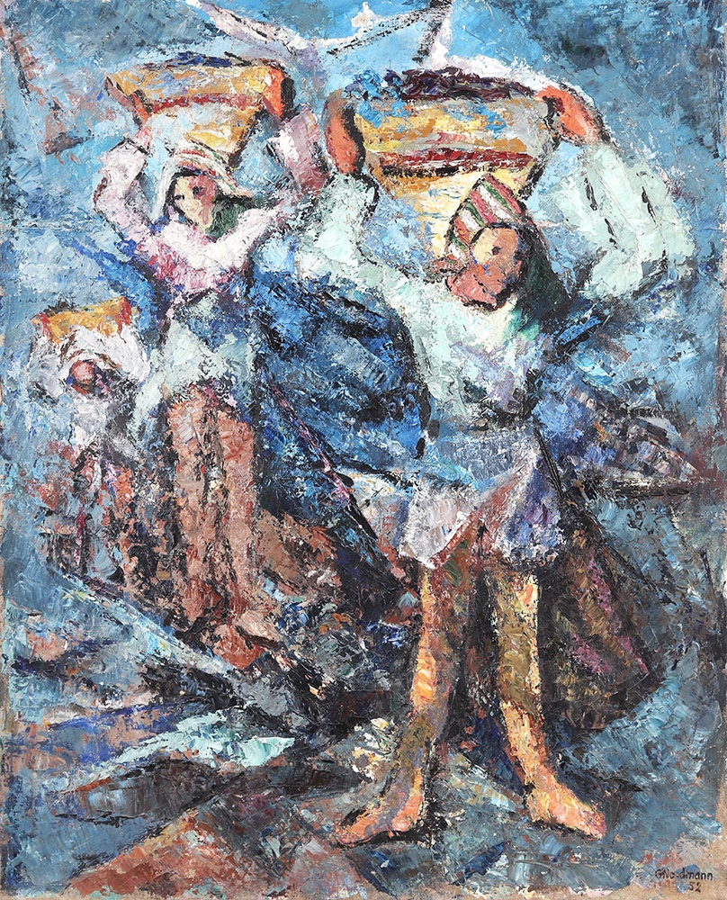 Signé : Germaine NORMANN , daté 1952, Les pêcheurs, Ecole Française