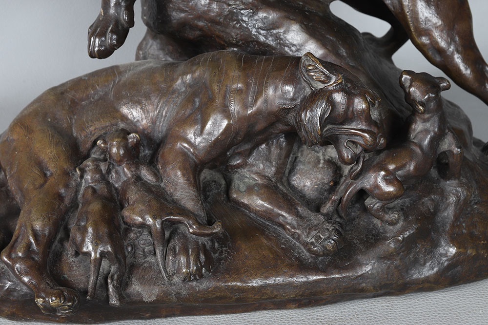 19th-century Bronze, 60 Cm, Clovis Edmond Masson (1838-1913), Family Tigers   -photo-2