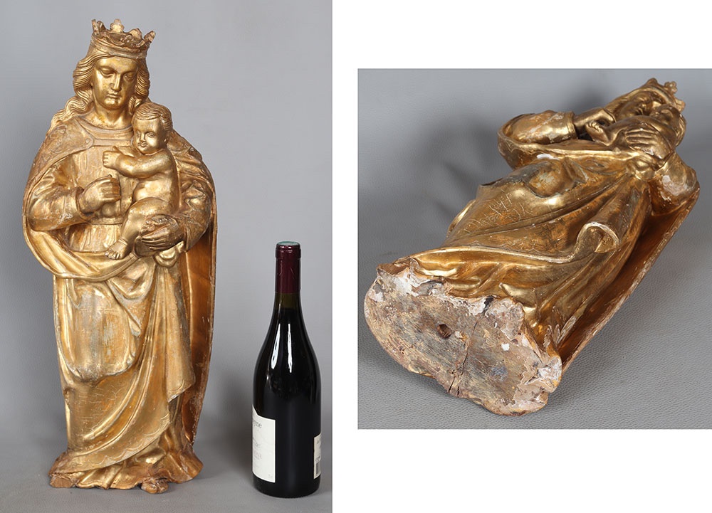 Vierge couronnée XVIII ème, 56 cm, sculpture en bois doré feuilles d’or-photo-4