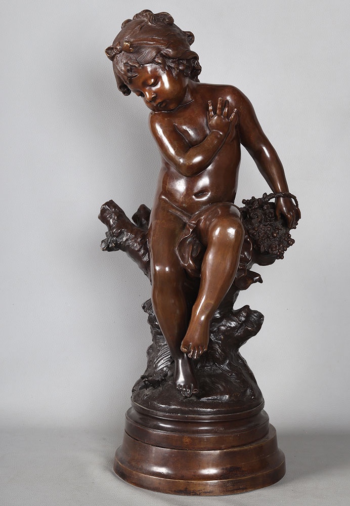 19th Century Bronze, Auguste Moreau, 75 Cm, Little Girl With A Cricket