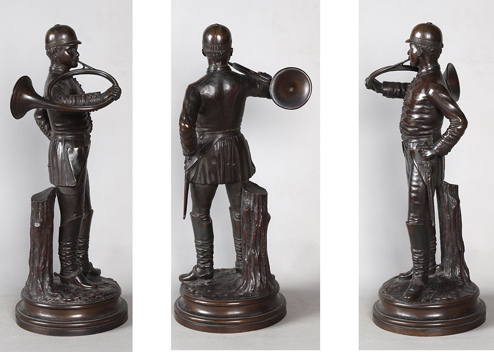 Bronze XIX ème, 60cm, Chasse à Courre, signé : J. VERSTAPPEN, École Belge, trompe de chasse-photo-3
