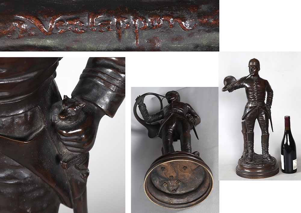 Bronze XIX ème, 60cm, Chasse à Courre, signé : J. VERSTAPPEN, École Belge, trompe de chasse-photo-4