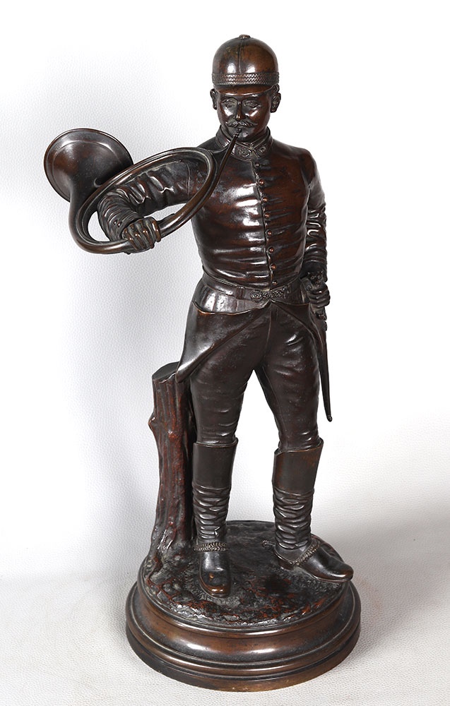 Bronze XIX ème, 60cm, Chasse à Courre, signé : J. VERSTAPPEN, École Belge, trompe de chasse
