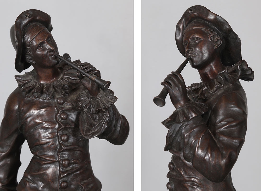 Bronze XIX°, 46 cm, signé : Charles ANFRIE 1833/1905, Pierrot troubadour-photo-2