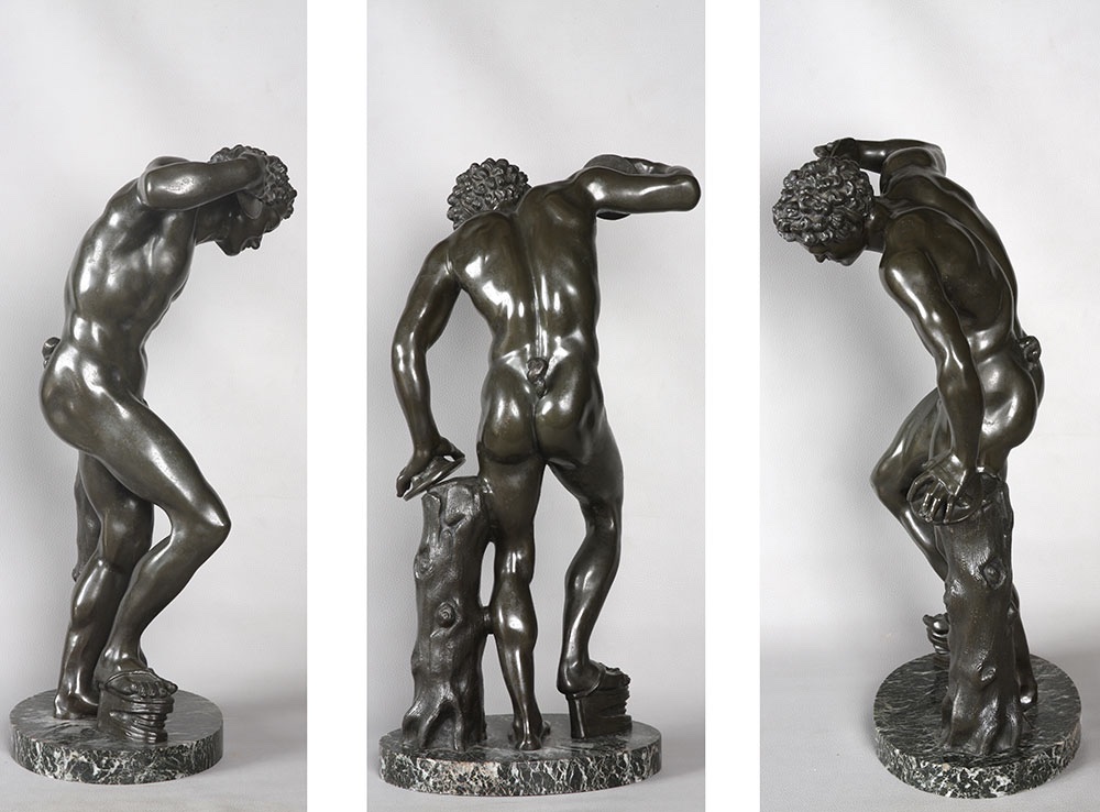 Bronze XIX ème, 57 cm, Faune aux cymbales, bronze à l’antique, École Française-photo-3