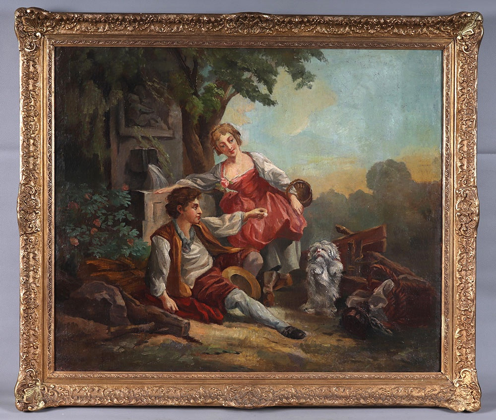 Grand tableau XVIII ème, 116 cm, scène romantique campagnarde avec petit chien, Ecole Française