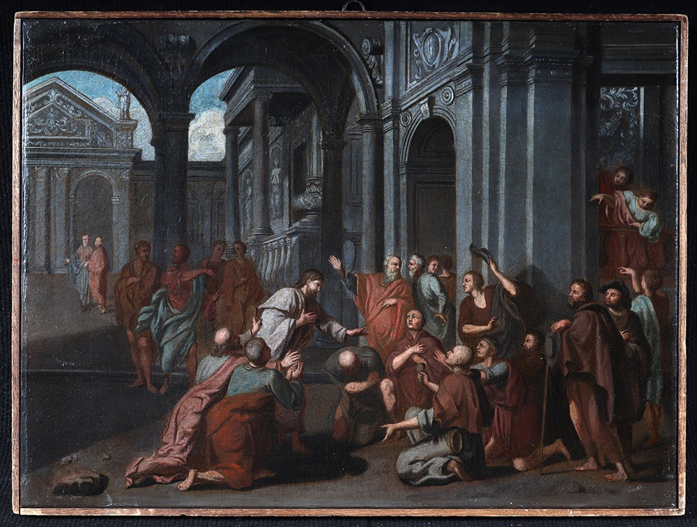 Ecole Italienne du XVII ème siècle, 70 cm, Jésus bénissant ses fidèles au Temple -photo-3