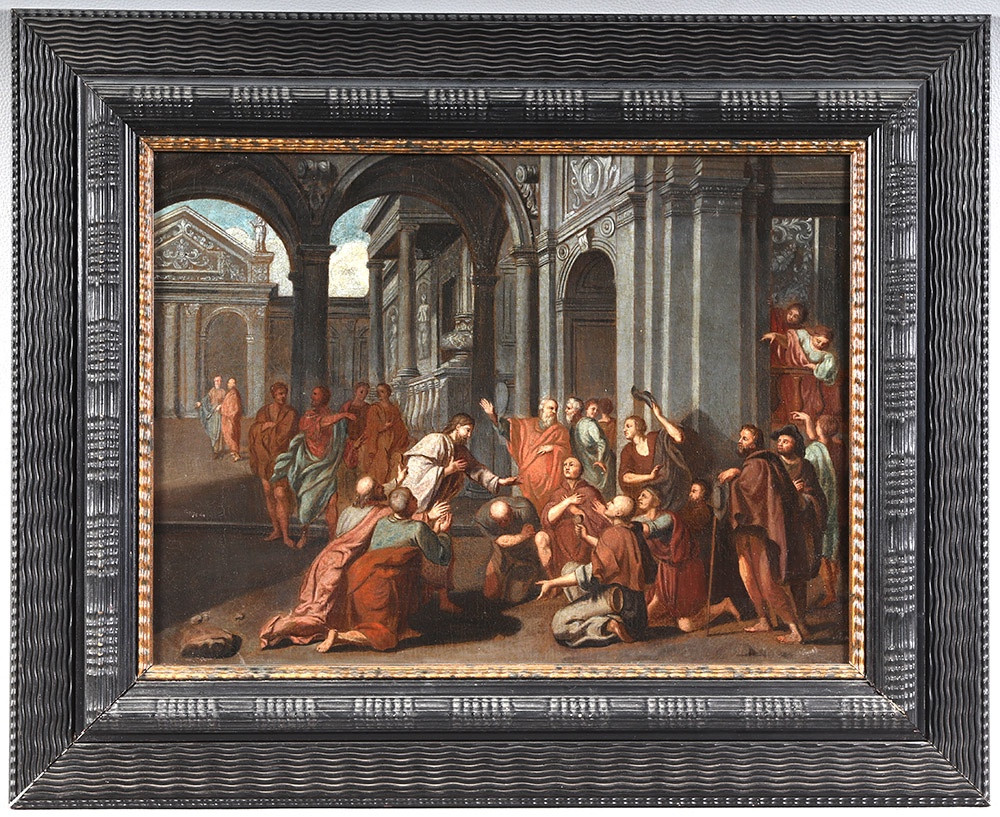 Ecole Italienne du XVII ème siècle, 70 cm, Jésus bénissant ses fidèles au Temple 