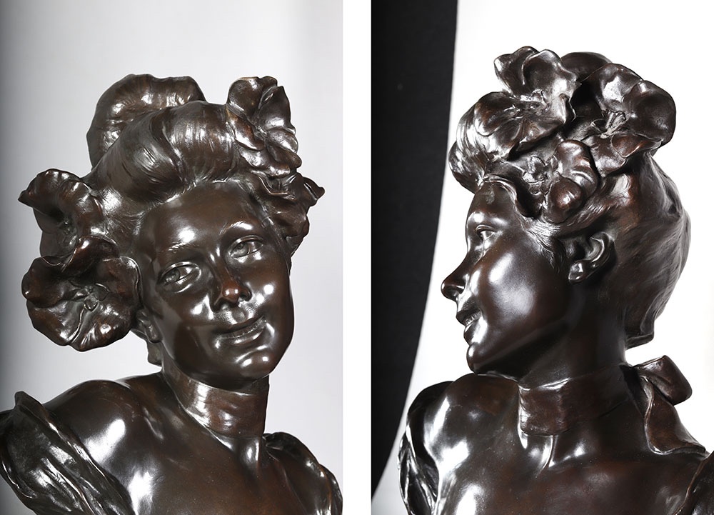 Bronze Art Nouveau, 63 cm, signé Charles Théodore PERRON 1862/1934, Buste de femme-photo-2