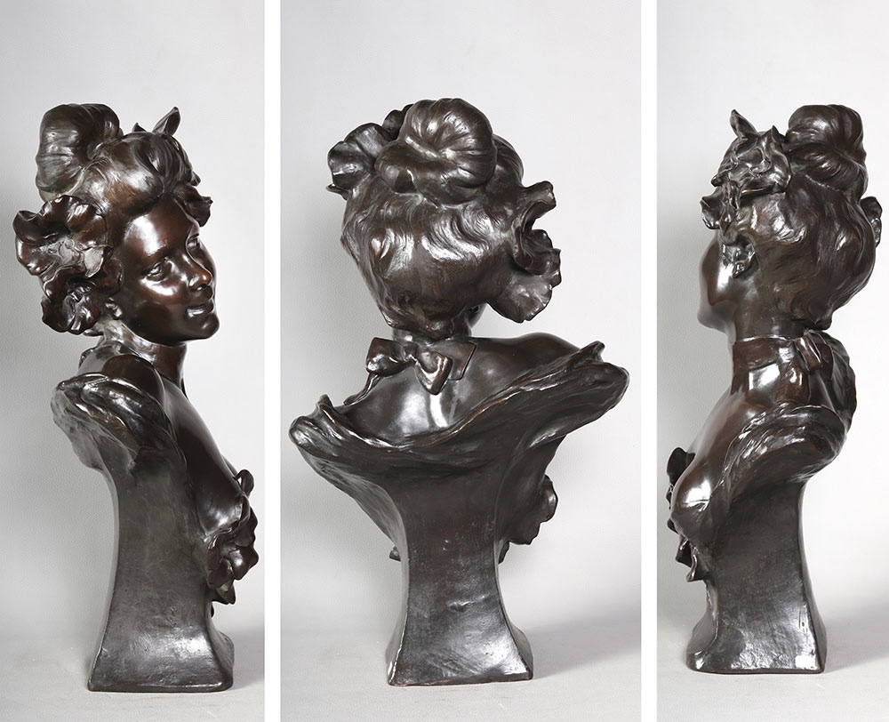 Bronze Art Nouveau, 63 cm, signé Charles Théodore PERRON 1862/1934, Buste de femme-photo-3