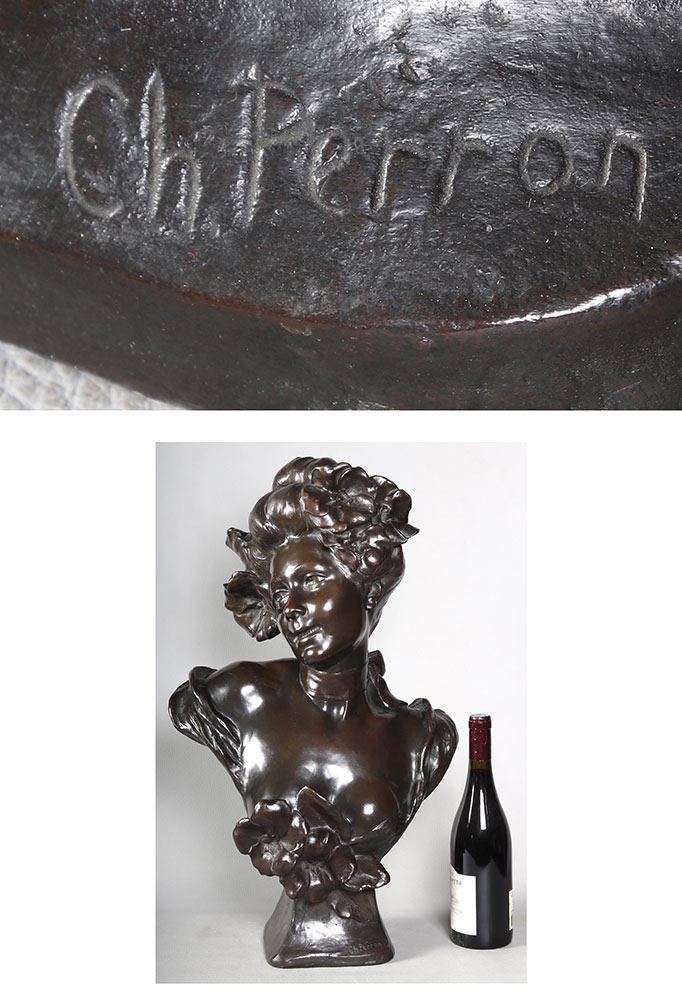 Bronze Art Nouveau, 63 cm, signé Charles Théodore PERRON 1862/1934, Buste de femme-photo-4