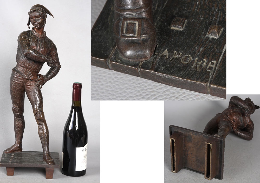 Bronze XIX ème, 54 cm, signé Emile LAPORTE 1858/1907, Arlequin-photo-4