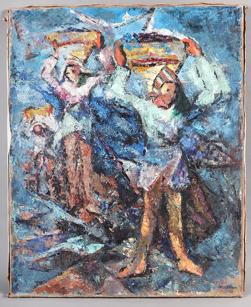 Signé : Germaine NORMANN , daté 1952, Les pêcheurs, Ecole Française-photo-2