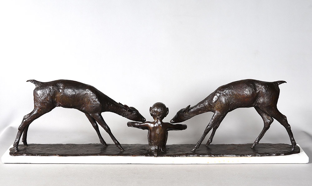 Bronze 1925, 94 cm, Ary BITTER, fondeur : SUSSE, Biches s’abreuvant, Art déco-photo-2