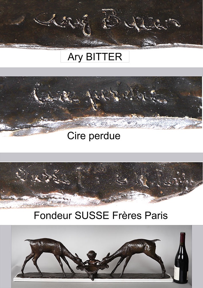 Bronze 1925, 94 cm, Ary BITTER, fondeur : SUSSE, Biches s’abreuvant, Art déco-photo-2