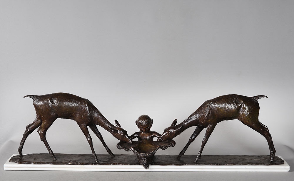 Bronze 1925, 94 cm, Ary BITTER, fondeur : SUSSE, Biches s’abreuvant, Art déco