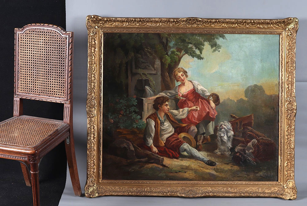 Large 18th Century Painting, 116 Cm, Romantic Country Scene With Little Dog, French School-photo-2