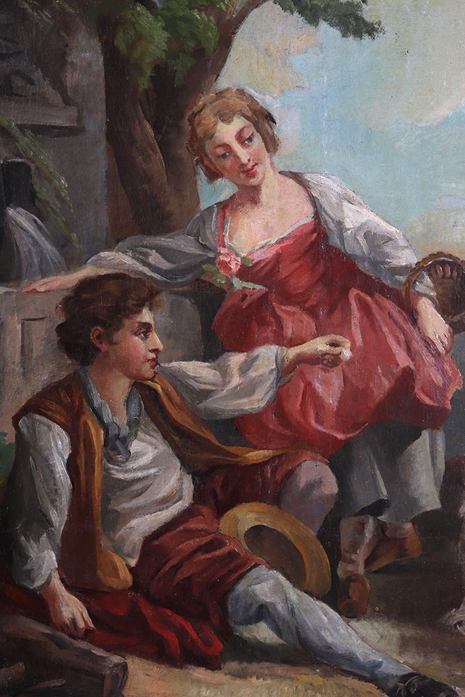 Large 18th Century Painting, 116 Cm, Romantic Country Scene With Little Dog, French School-photo-3