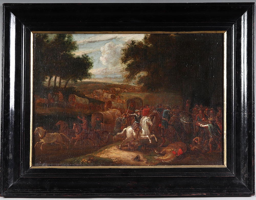 Ecole Française du XVII°, Entourage de Van Der MEULEN, 74 cm, L’Attaque du convoi