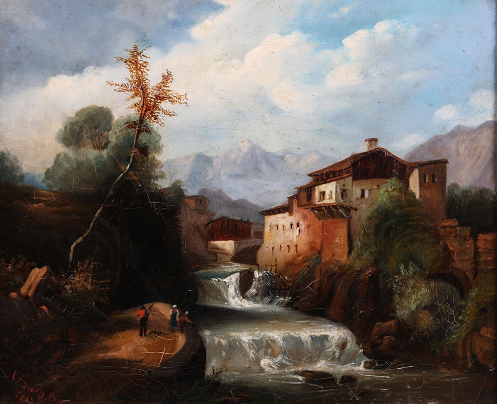 Painting XIX Th, Signed : Louis Chignan, From 1847, Animated Landscape, Mountain, River-photo-2