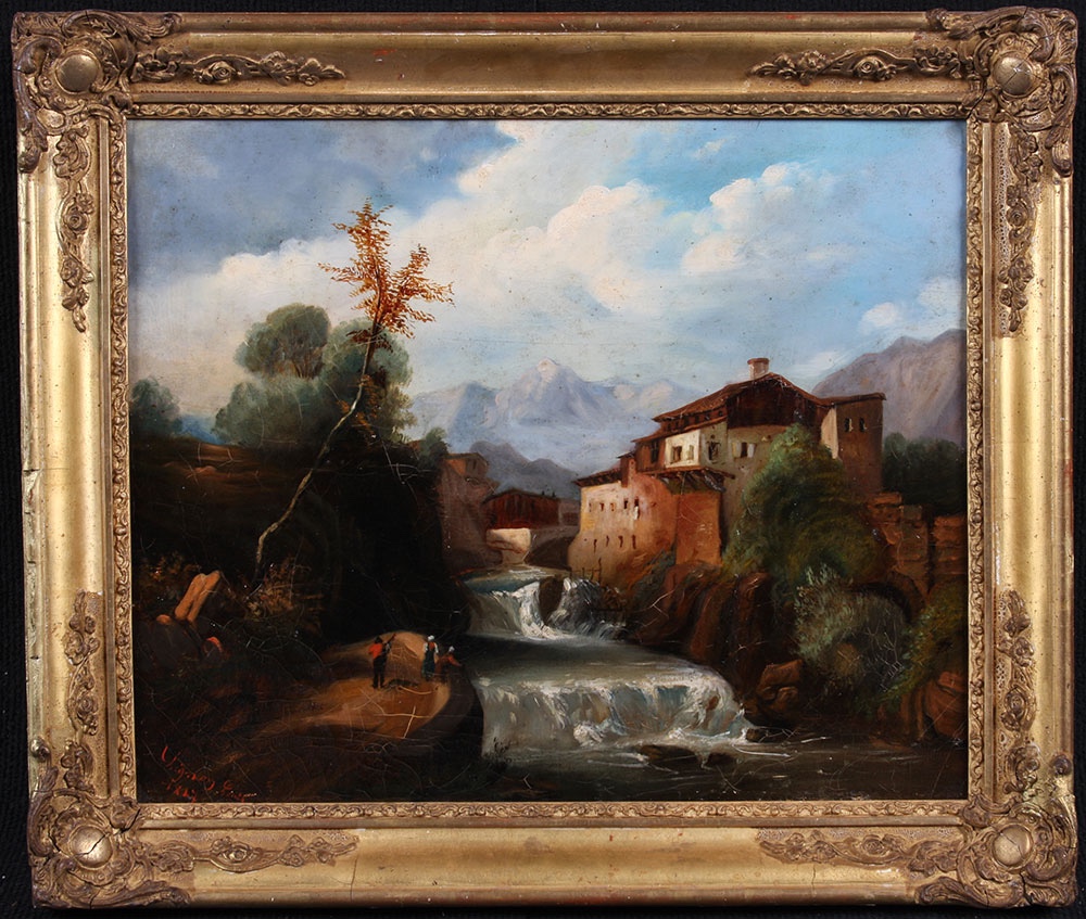 Painting XIX Th, Signed : Louis Chignan, From 1847, Animated Landscape, Mountain, River