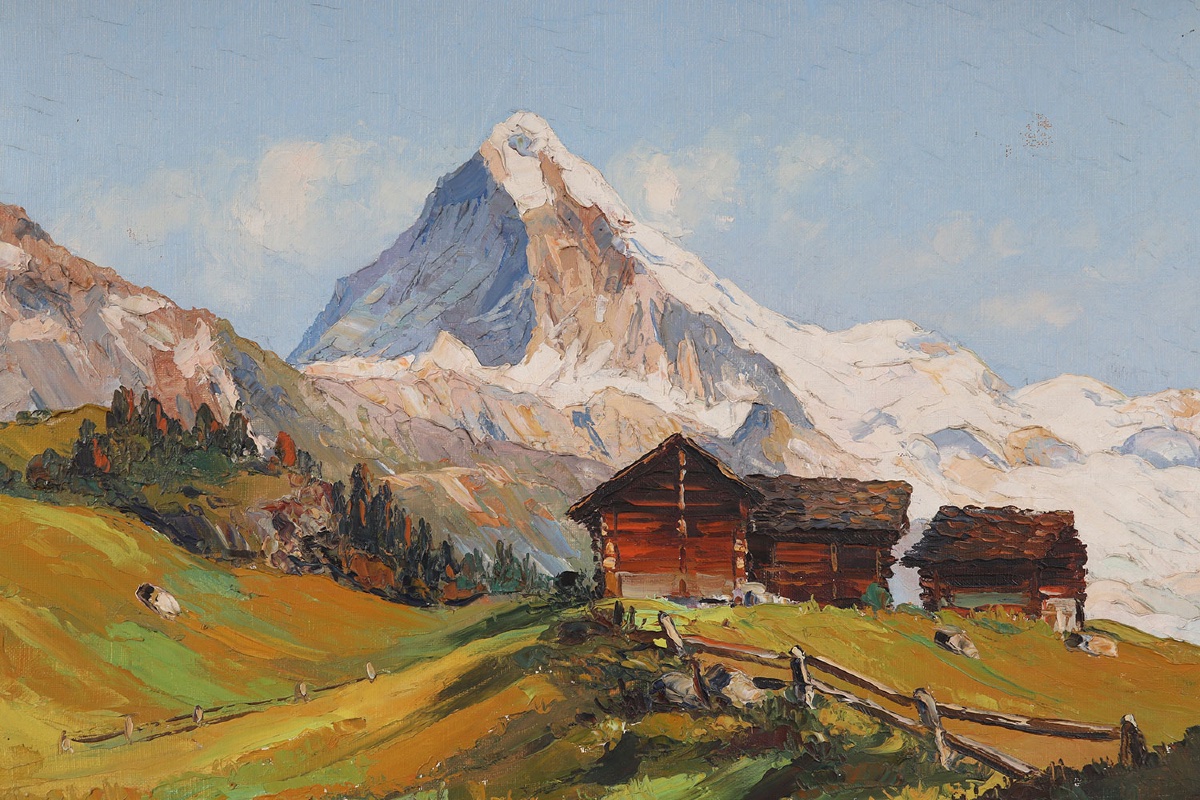 Montagne, 77x62 cm, signé Gino MORO, La Dent Blanche en Suisse, milieu XX ème-photo-2