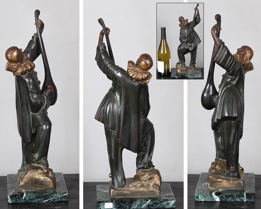 Art Deco Bronze, 43 Cm, Pierrot With Mandolin-photo-3