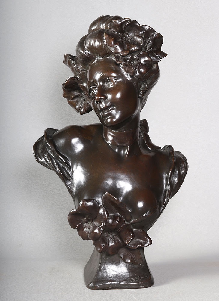 Bronze Art Nouveau, 63 cm, signé Charles Théodore PERRON 1862/1934, Buste de femme