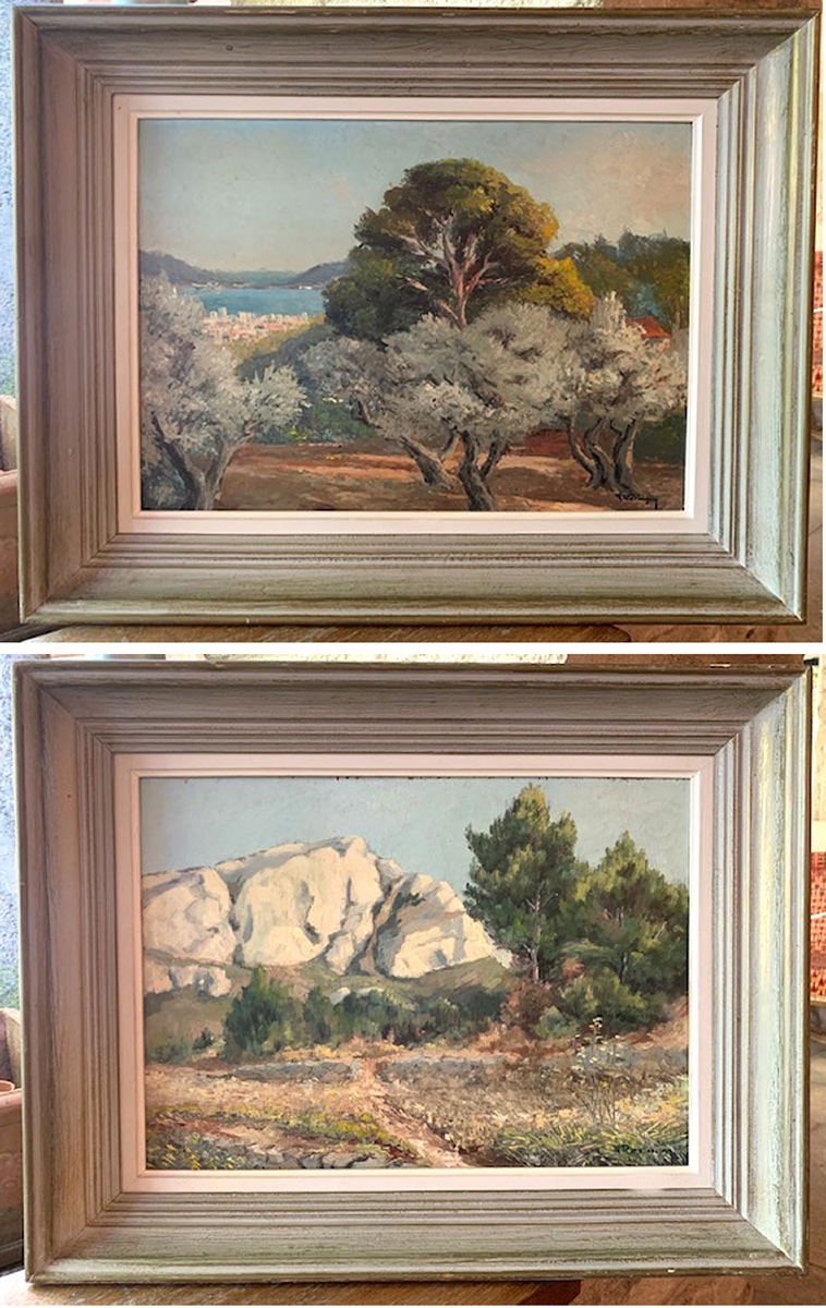 Paire de tableaux signés, vue de Côte d’Azur, La Provence, Sud France, vers 1960 / 70