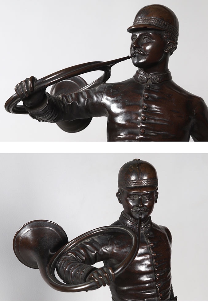 Bronze XIX ème, 60cm, Chasse à Courre, signé : J. VERSTAPPEN, École Belge, trompe de chasse-photo-2