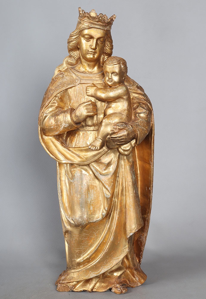 Vierge couronnée XVIII ème, 56 cm, sculpture en bois doré feuilles d’or
