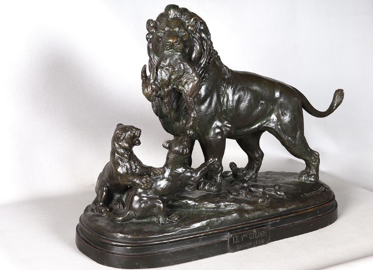 19th-century Bronze, Signed: Signed Edouard Delabriere, Lion 1st Game-photo-2
