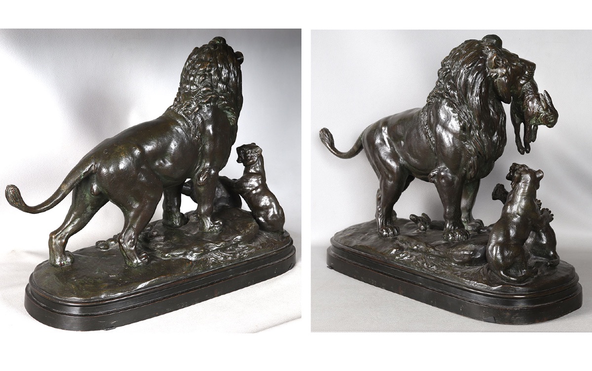 19th-century Bronze, Signed: Signed Edouard Delabriere, Lion 1st Game-photo-1