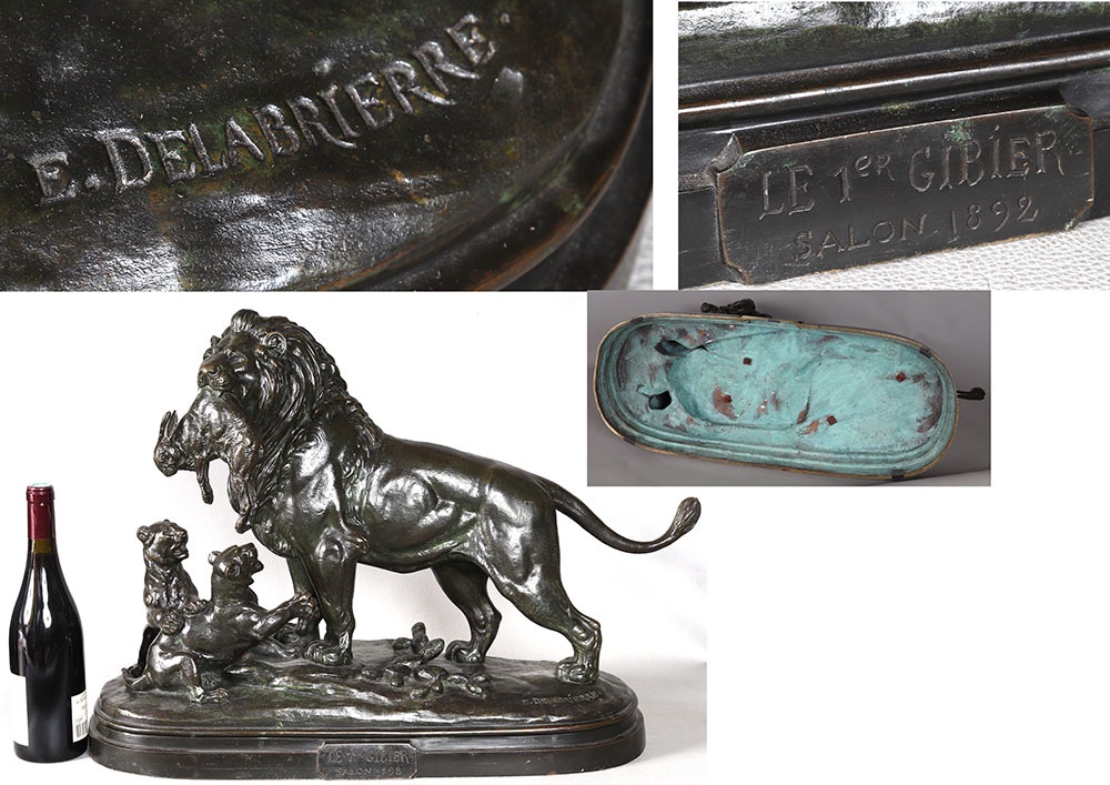 19th-century Bronze, Signed: Signed Edouard Delabriere, Lion 1st Game-photo-2