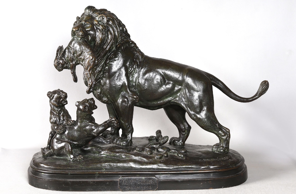 19th-century Bronze, Signed: Signed Edouard Delabriere, Lion 1st Game