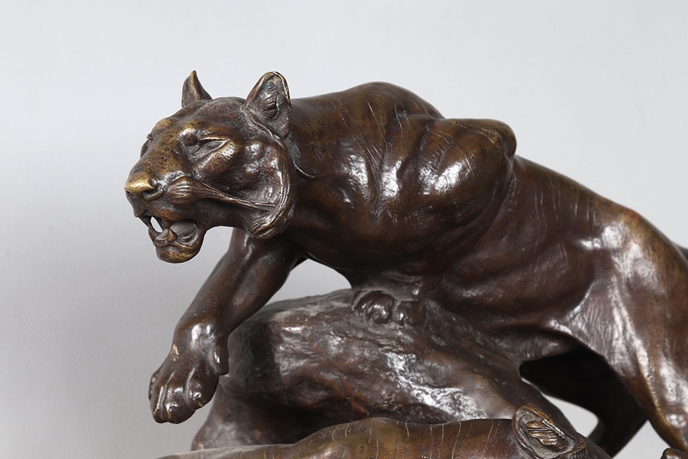 19th-century Bronze, 60 Cm, Clovis Edmond Masson 1838–1913, Tigers As A Family   -photo-3