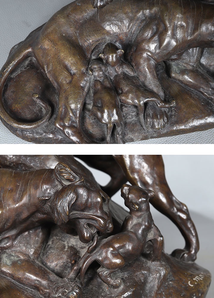 19th-century Bronze, 60 Cm, Clovis Edmond Masson 1838–1913, Tigers As A Family   -photo-4