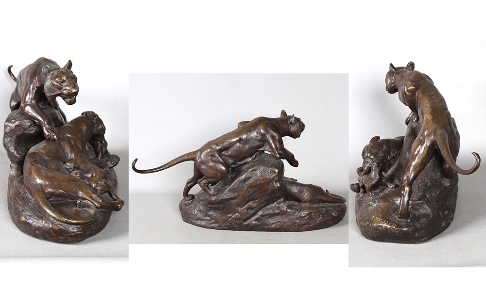 19th-century Bronze, 60 Cm, Clovis Edmond Masson 1838–1913, Tigers As A Family   -photo-1