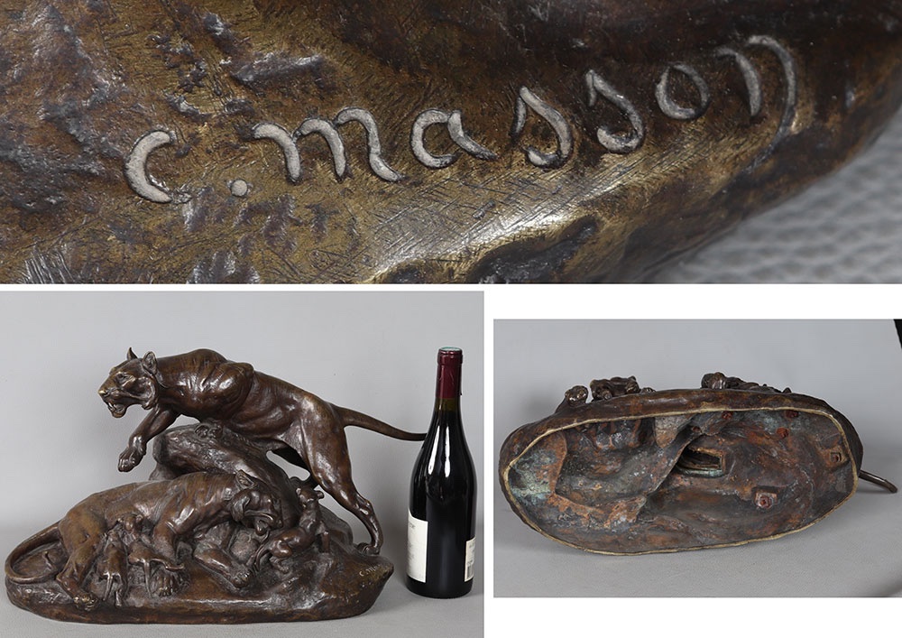 19th-century Bronze, 60 Cm, Clovis Edmond Masson 1838–1913, Tigers As A Family   -photo-2