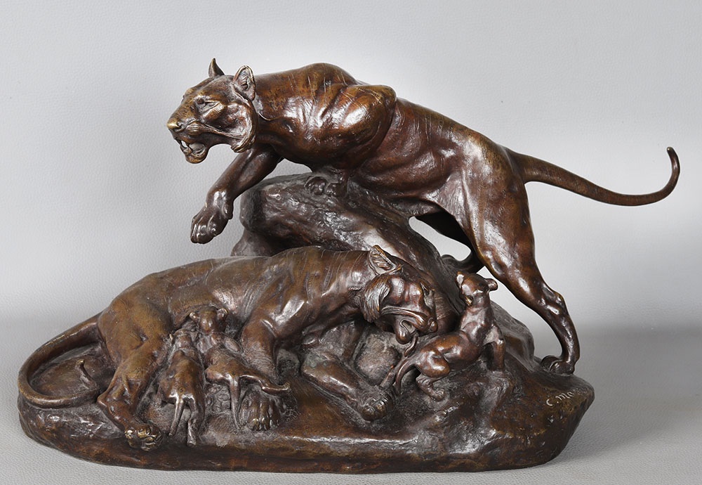 19th-century Bronze, 60 Cm, Clovis Edmond Masson 1838–1913, Tigers As A Family   