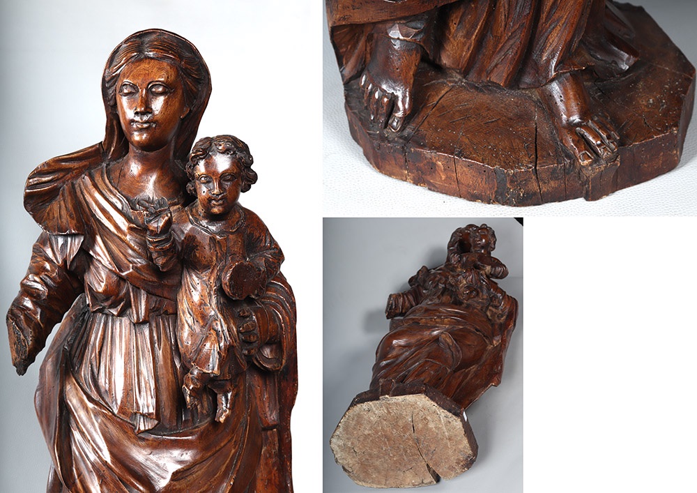 Epoque XVIII°, 90 cm, Vierge à l’enfant, Grande sculpture en bois-photo-1