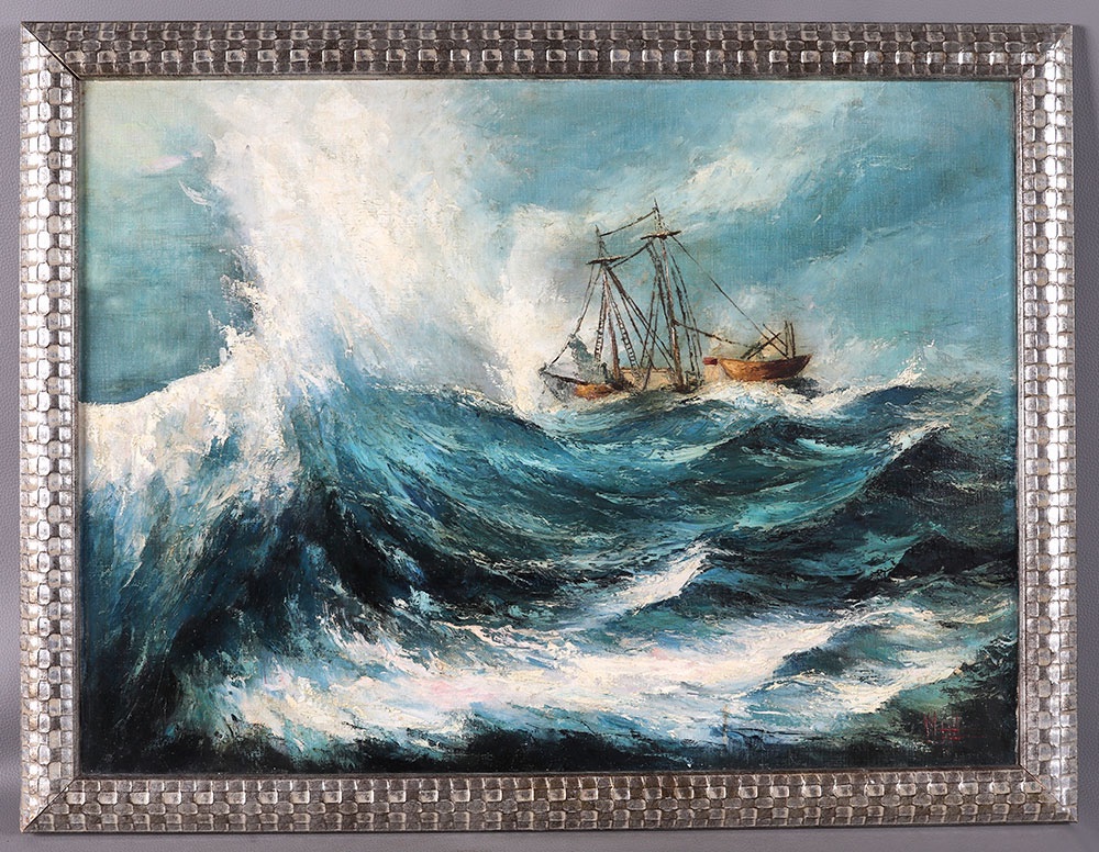 Marine dans la tempête, 81 cm, signé, vers 1940/60
